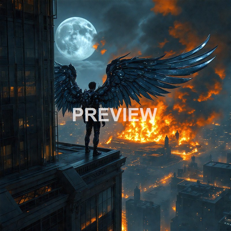 A humanoid figure with large, metallic, angel-like wings standing on the edge of a skyscraper rooftop overlooking a city engulfed in flames with a full moon in the night sky.